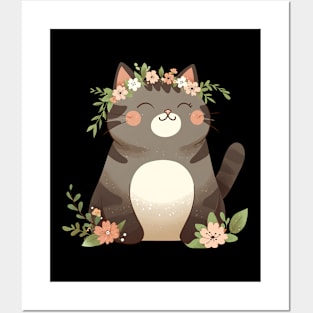 Kawaii Cat and Flowers Posters and Art